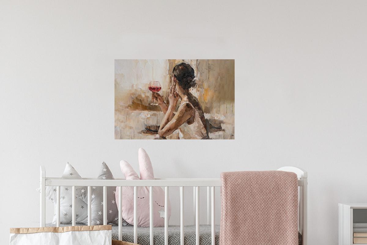 WANDTATTOO Ölgemälde - Frau - Wein Deko Wohnzimmer 60x40 cm - Hellbraun, Kunststoff (60/40/0.1cm) - MuchoWow