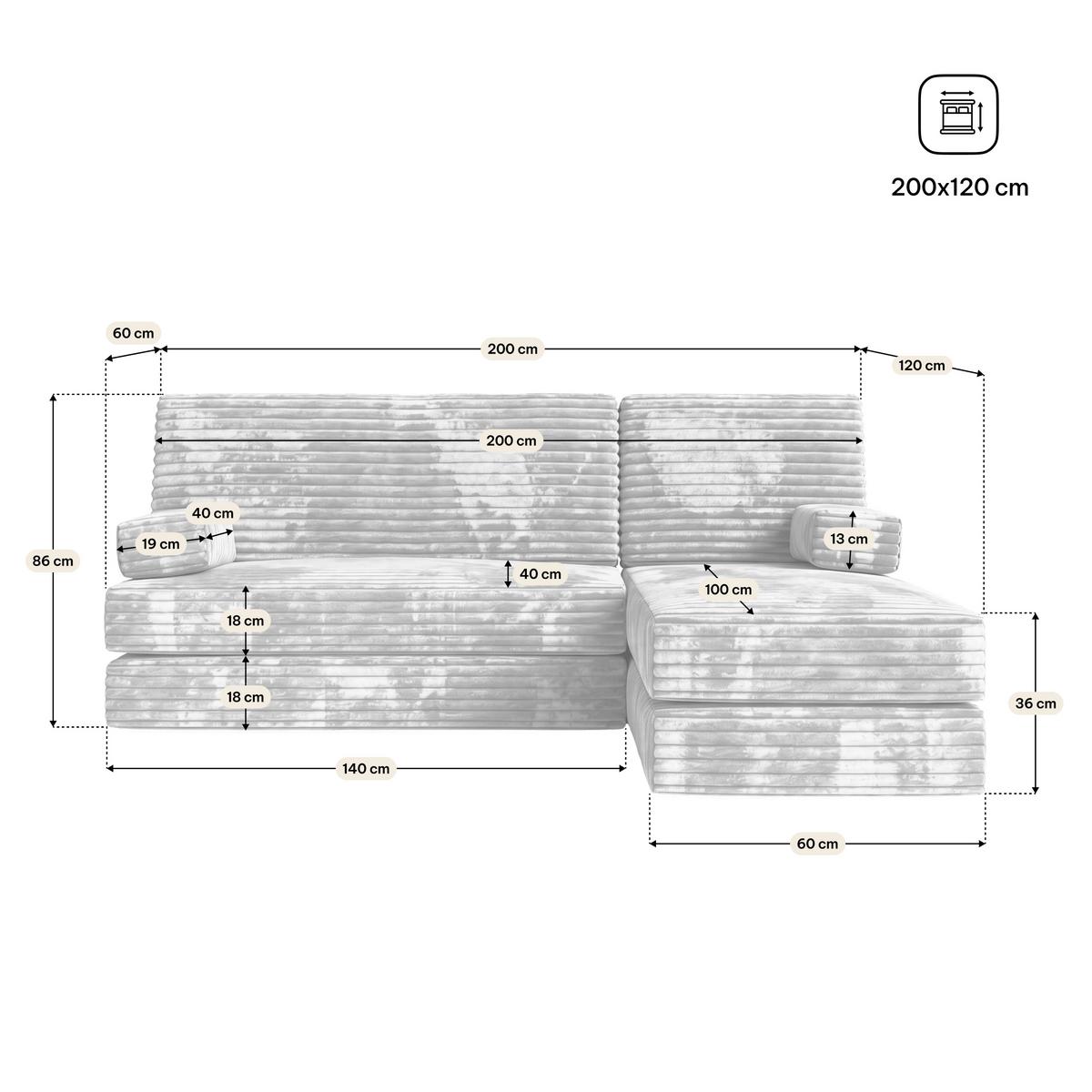 ECKSOFA NOTIA modulares Boneless Sofa mit Schlaffunktion Hellgrau Kordstoff - Hellgrau, Textil (200/120cm) - MASSENO