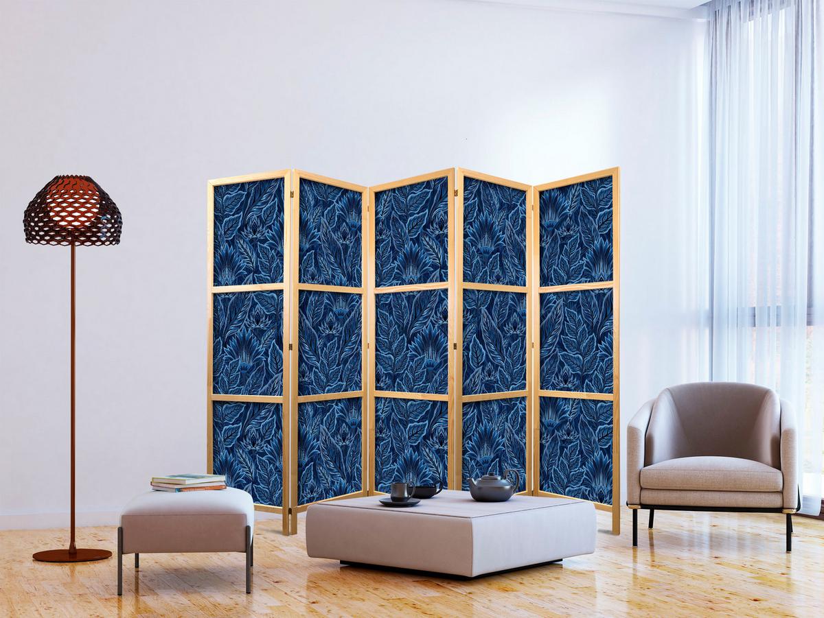 PARAVENT Japanischer 5-tlg 225x172 cm Blaue Bl tter - Blau, Holz/Textil (225/172/3cm) - Muralo