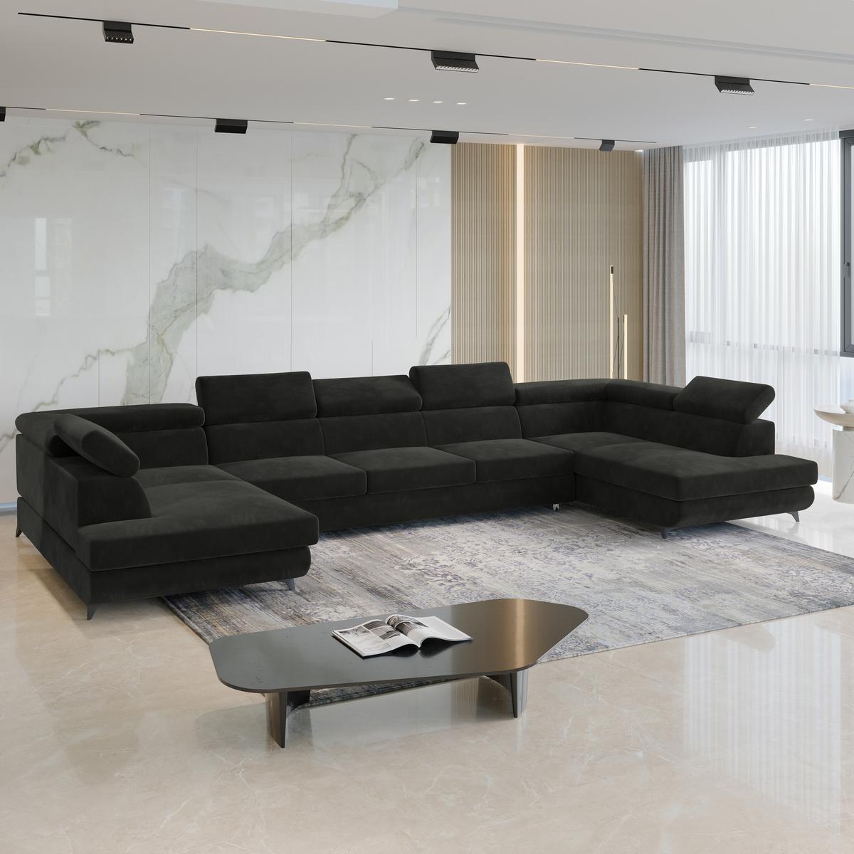 WOHNLANDSCHAFT URMANO Schwarz Velours-Stoff mit Schlaffunktion - Schwarz, Holz (395/89/190cm) - MASSENO