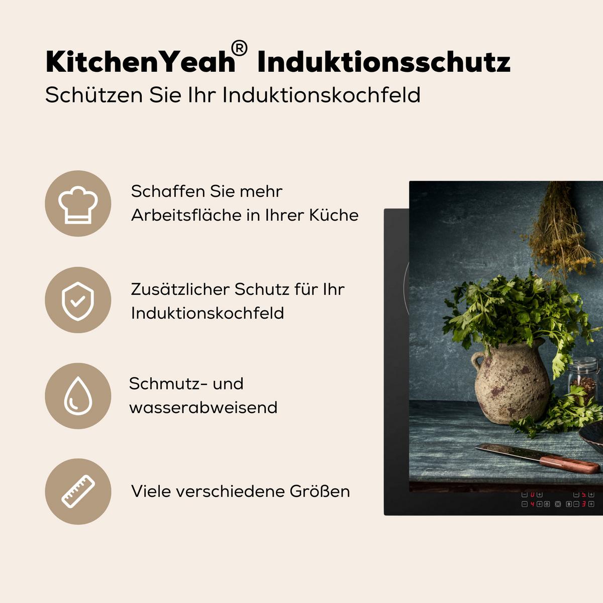 HERDABDECKPLATTE Kräuter - Gewürze - Pfanne - Messer - Grau - Rustikal Abdeckung Ceranfeld 81.2x52 cm - Petrol, Kunststoff (81.2/52/0.2cm) - MuchoWow