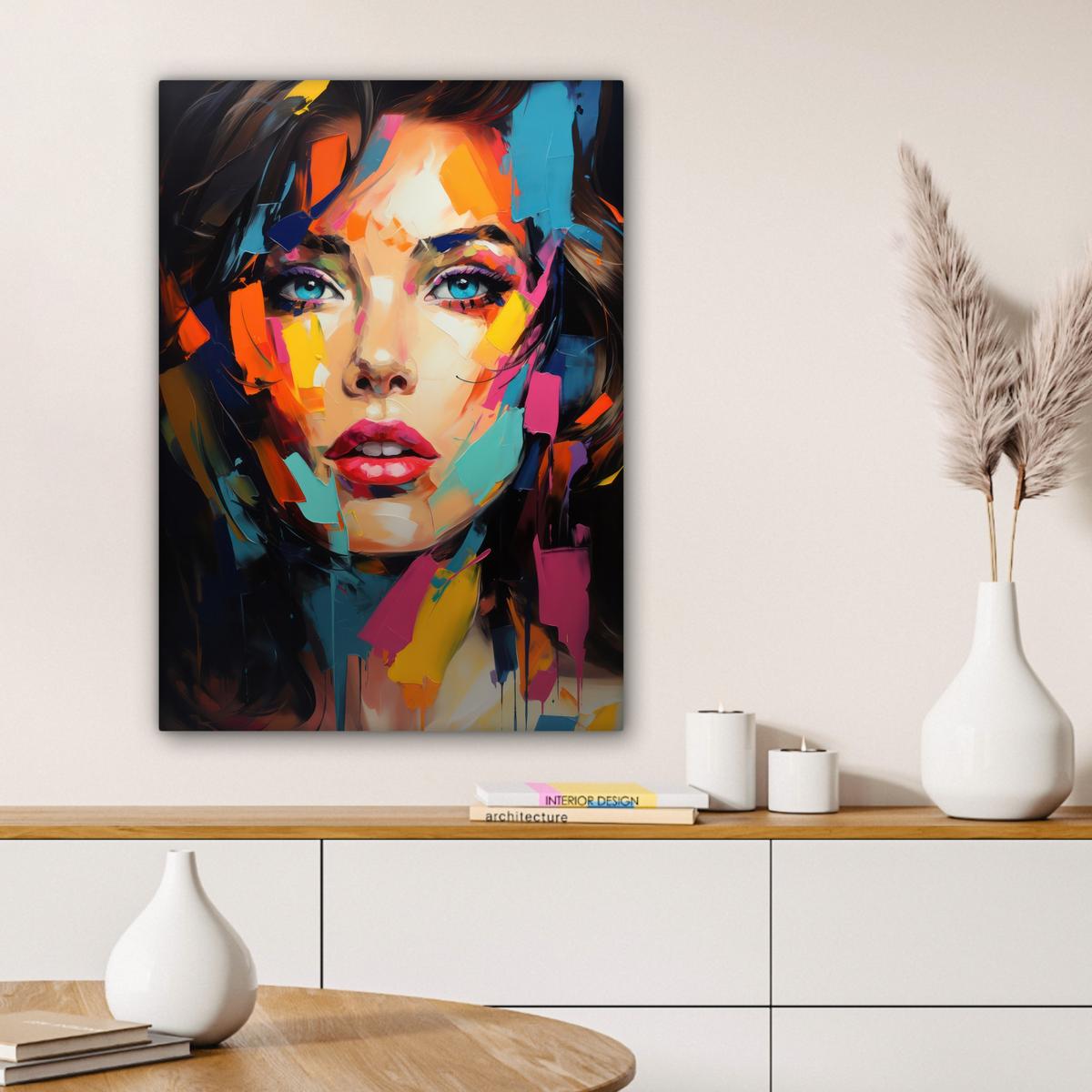 LEINWANDBILD Frau - Porträt - Farbenfroh - Kunst Wandbild Wohnzimmer 60x80 cm - Multicolor, Textil (60/80cm) - MuchoWow