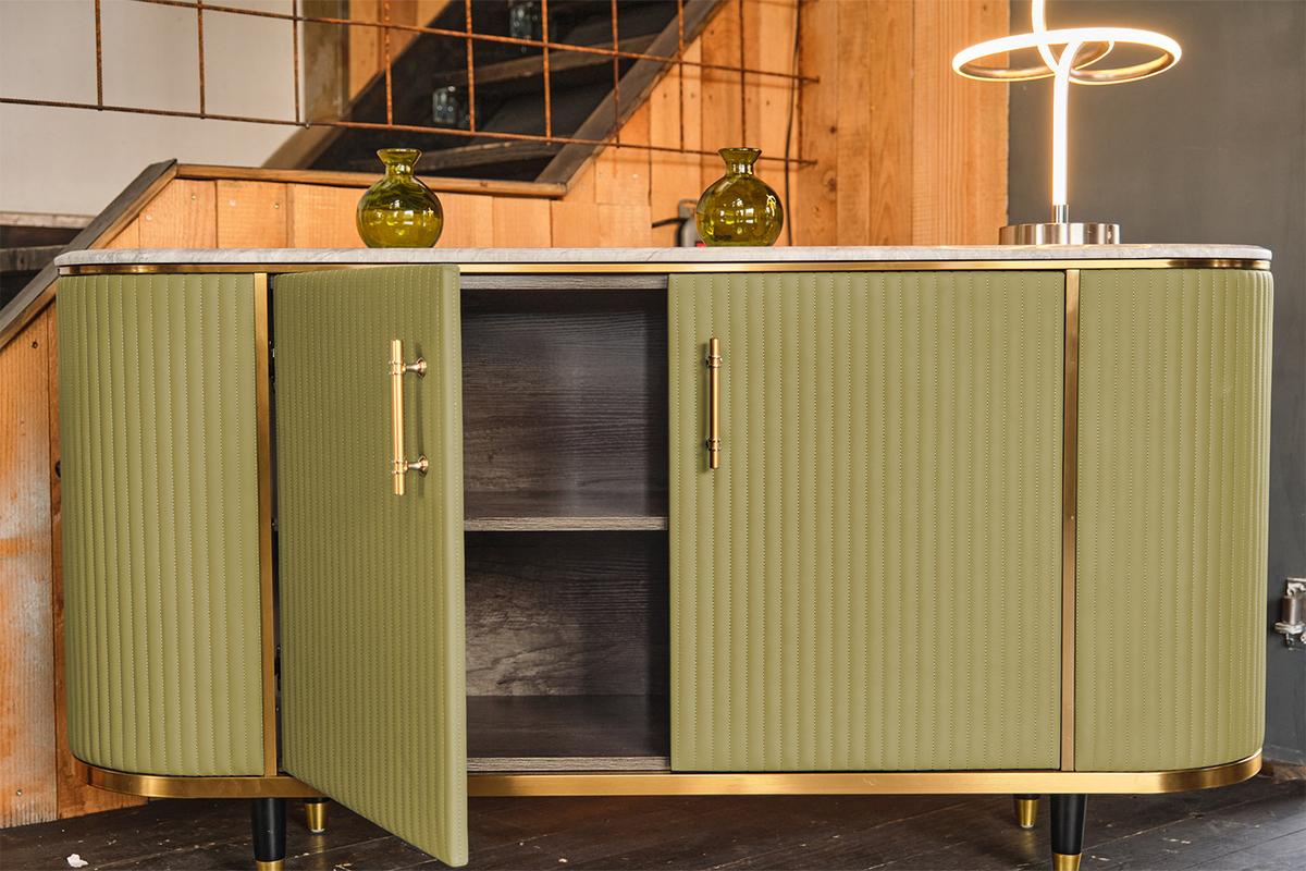 SIDEBOARD MARIA Grün Marmor, Kunstleder - Schwarz/Olivgrün, Stein/Metall (150/76/40cm) - KAWOLA