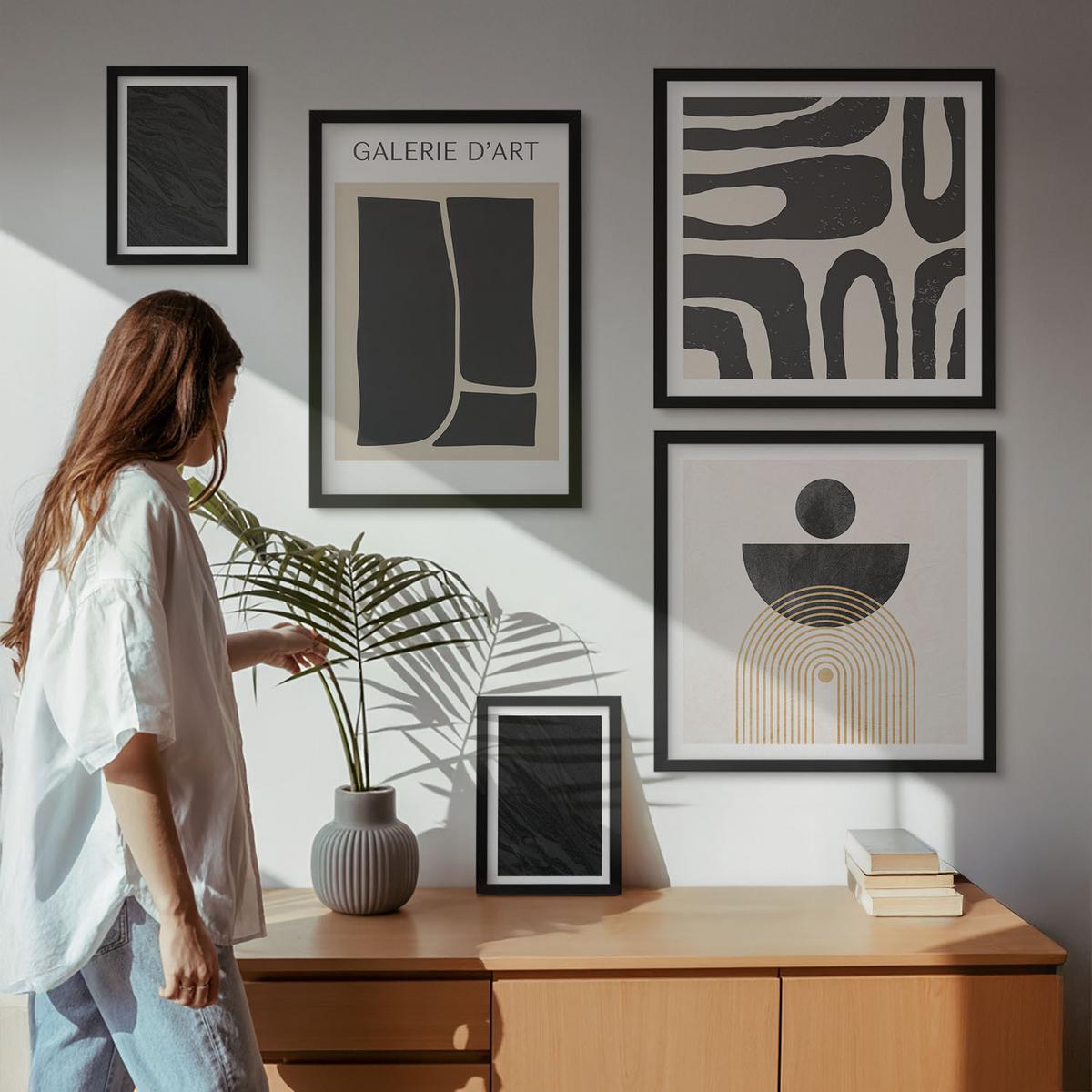 BILDER SET 5er Set - 50x50 cm & 20x30 cm & 40x60 cm Schwarzer Rahmen - Abstrakte Marmorformen - Schwarz, Kunststoff (40/60cm) - TULUP