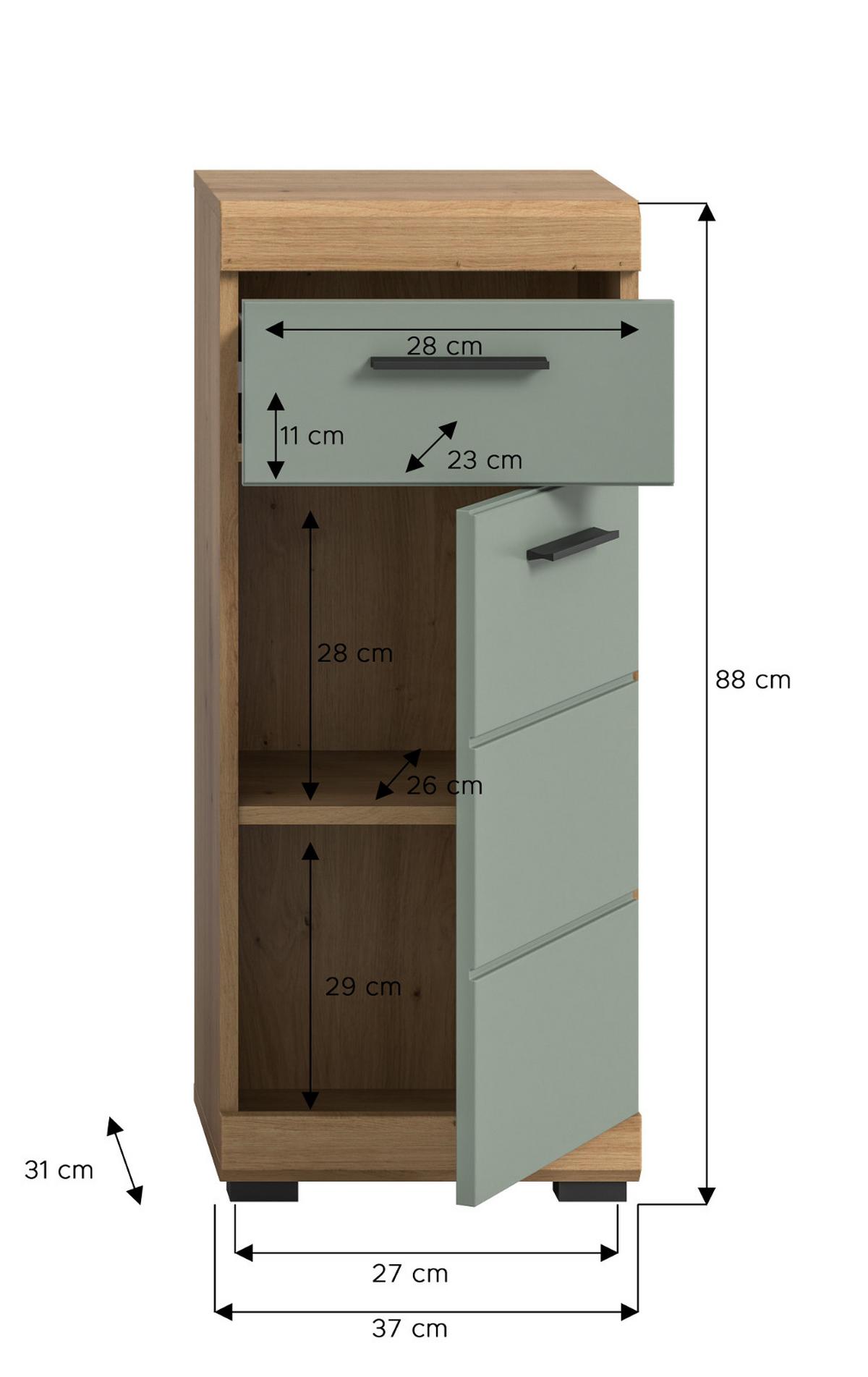 BADKOMMODE Salbei grün, Eiche Artisan 37 x 88 cm, Badschrank Türanschlag wechselbar - Salbeigrün/Schwarz, Holzwerkstoff/Kunststoff (37/88/31cm) - Inn.Furn