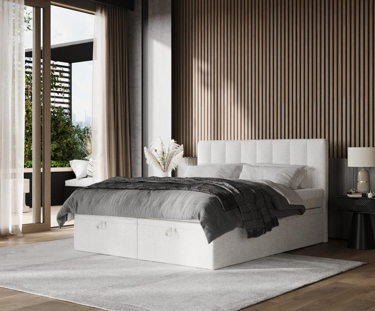 BOXBETT Lume 160/200 cm Creme im Neve Stoff - Creme/Schwarz, Holz/Holzwerkstoff (160/200cm) - AltaBeds