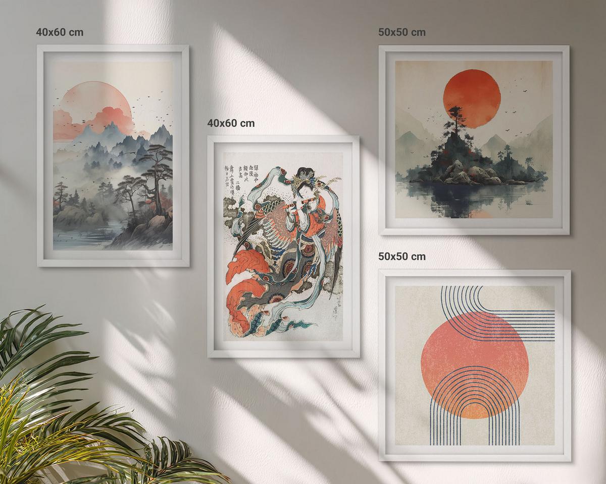 BILDER SET 4er Set - 50x50 cm & 40x60 cm Weißer Rahmen - Asiatische Landschaften Japandi - Weiß, Kunststoff (50/50cm) - TULUP