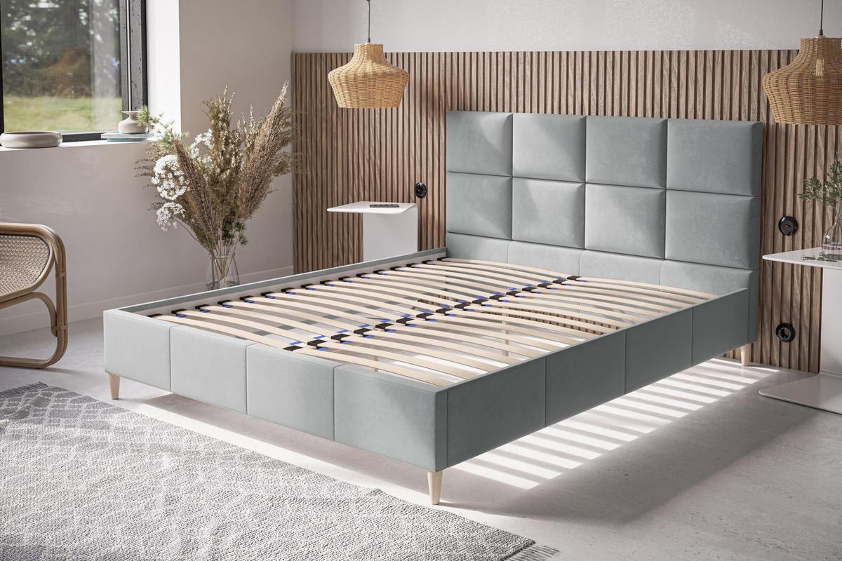 POLSTERBETT LUX Roma mit Kopfteil, 140 x 200 cm, Doppelbett mit Lattenrost aus Holz, Velourstoff Hellgrau, Füße in Farbe: Braun - Hellgrau, Holz/Textil (140/200cm) - Alpi-Möbel