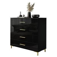 KOMMODE LINA GOLD mit goldenen Griffen und Beinen Schwarzer Glanz LED - Schwarz, Holzwerkstoff (95/86/40cm) - Lookway