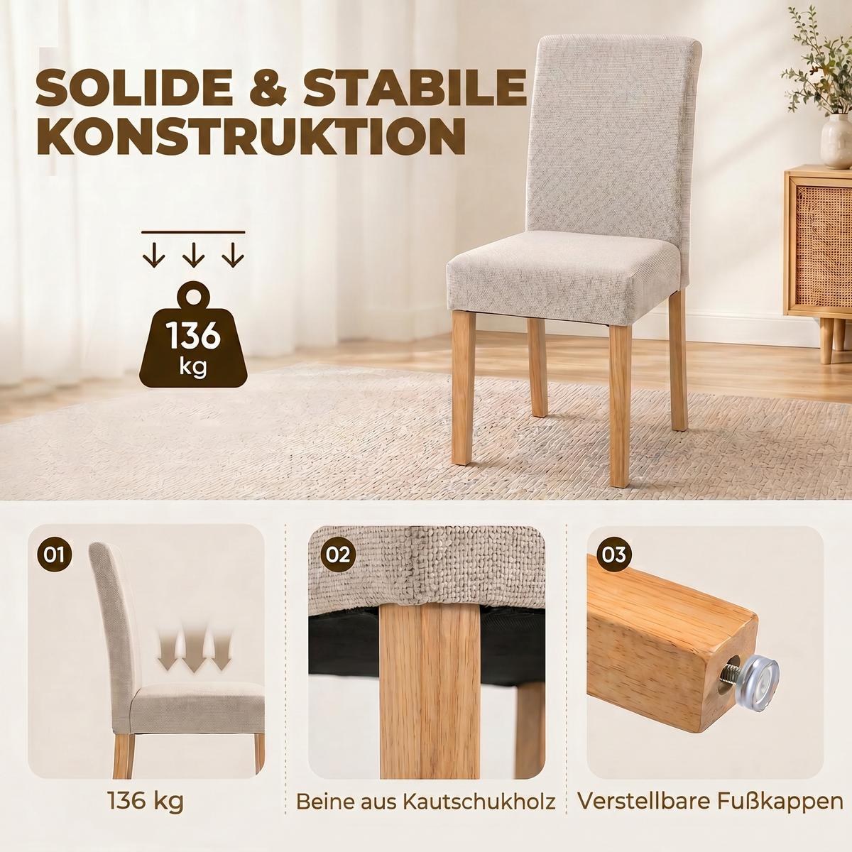 ESSZIMMERSTUHL 2er Set Polyester Gummibaumholz Beige - Beige/Creme, Holz/Textil (46/88/56cm) - HOMCOM
