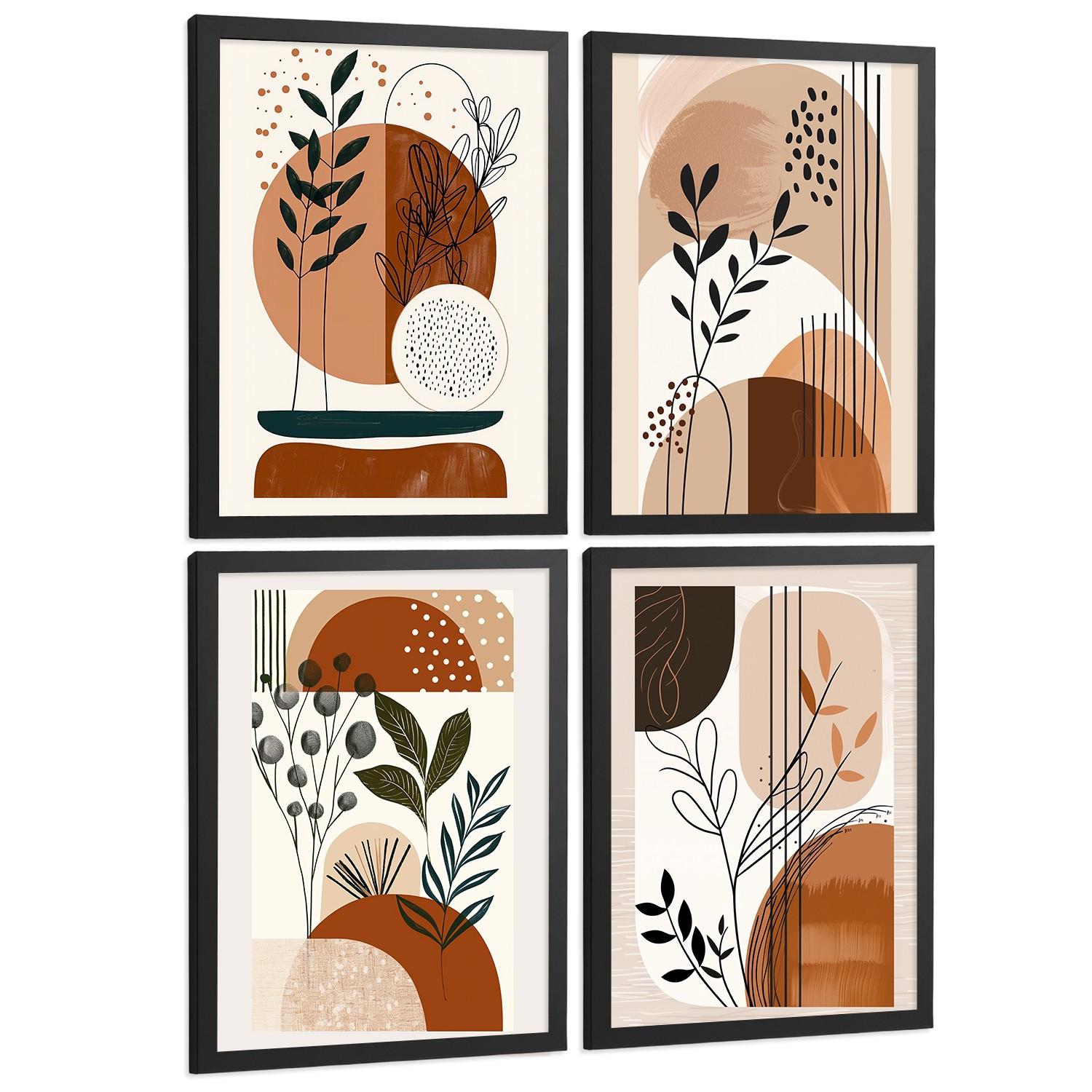 POSTER 4er Kunstdruck-Set Wandbilder Botanisch Abstrakt modern Wohnzimmer Deko, Schlafzimmer, Küche, Badezimmer Schwarzer Rahmen A4 - Schwarz, Papier (29.7/1/21cm) - Nacnic