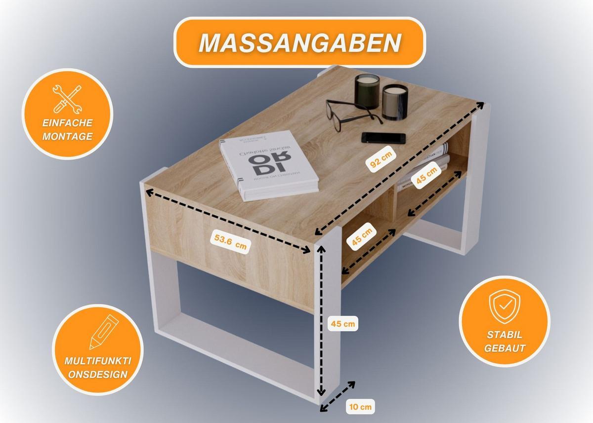 COUCHTISCH Holzwerkstoff rechteckig stabil Sonoma Eiche 45/53,6/92cm - Weiß/Sonoma Eiche, Holzwerkstoff (53.6/92/45cm) - CraftPAK