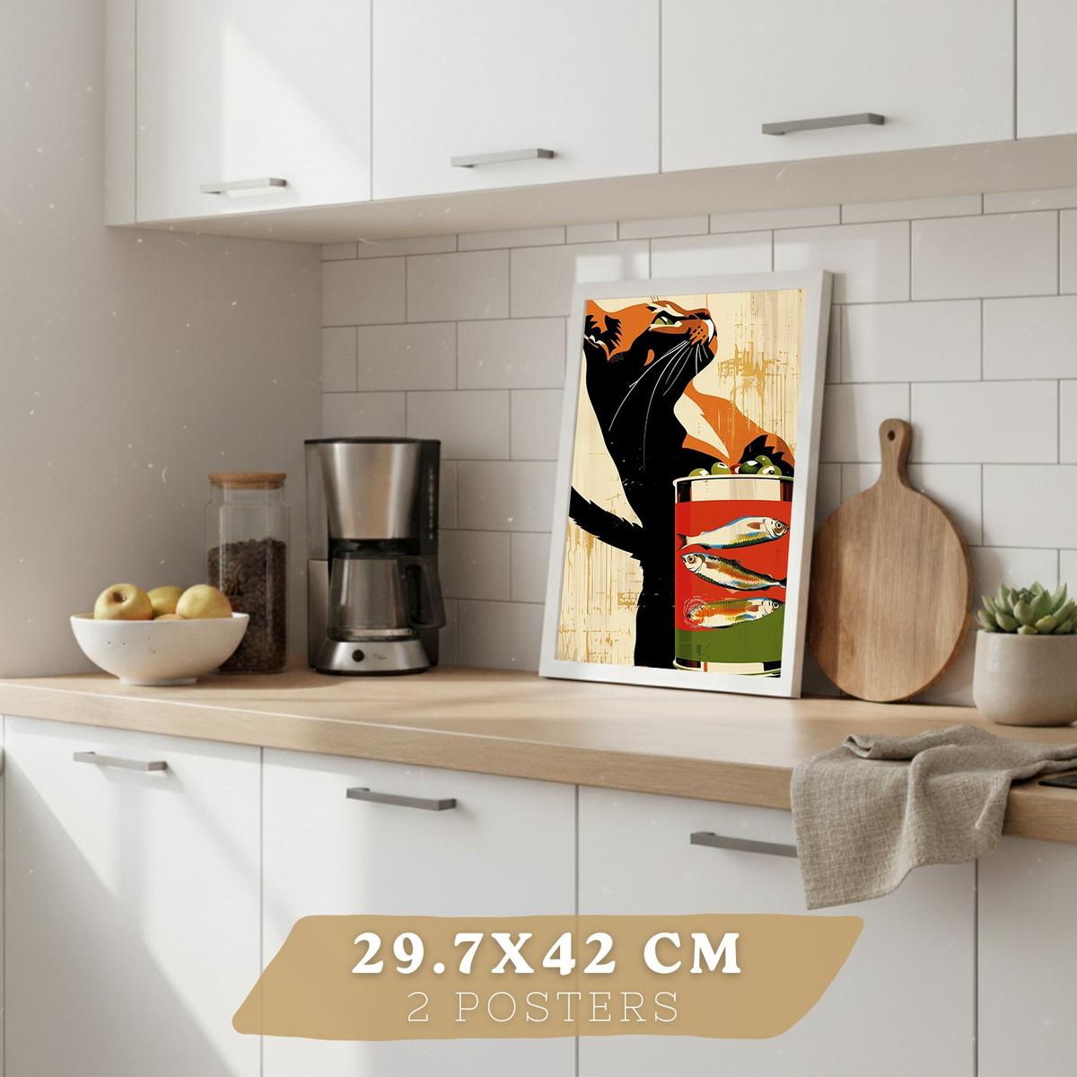 POSTER 4er Set Küchen-Wandbilder Vintage Katze Sardinen Martini Wein und Pasta Retro Esszimmer Bar Deko Weißer Rahmen A3 - Weiß, Papier (29.7/1/42cm) - Nacnic