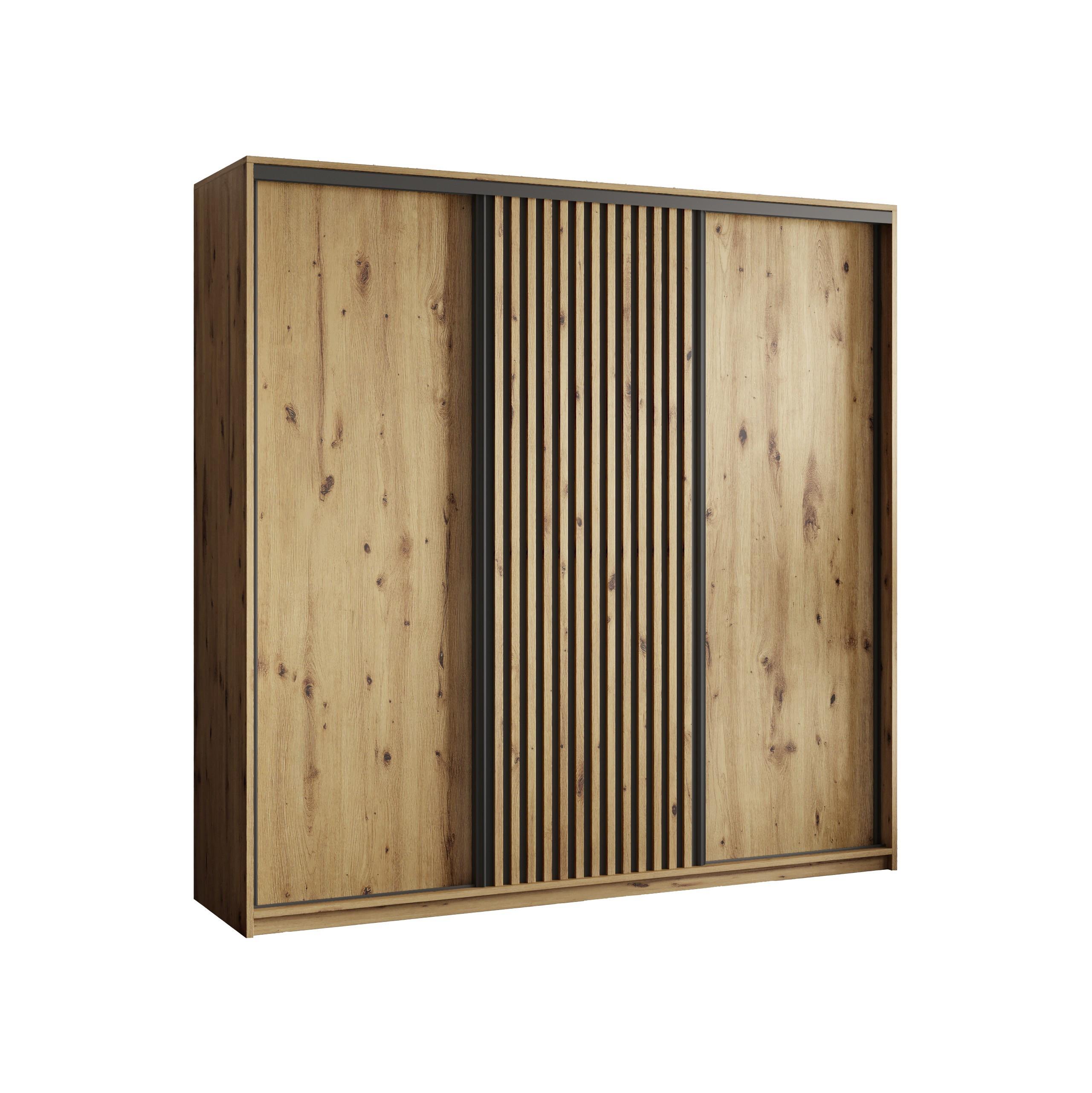 SCHWEBETÜRENSCHRANK VONTE 200/205/60 cm 3-türig mit Lamellen Eiche Artisan - Schwarz/Eiche Artisan, Holzwerkstoff (200/205/60cm) - MASSENO