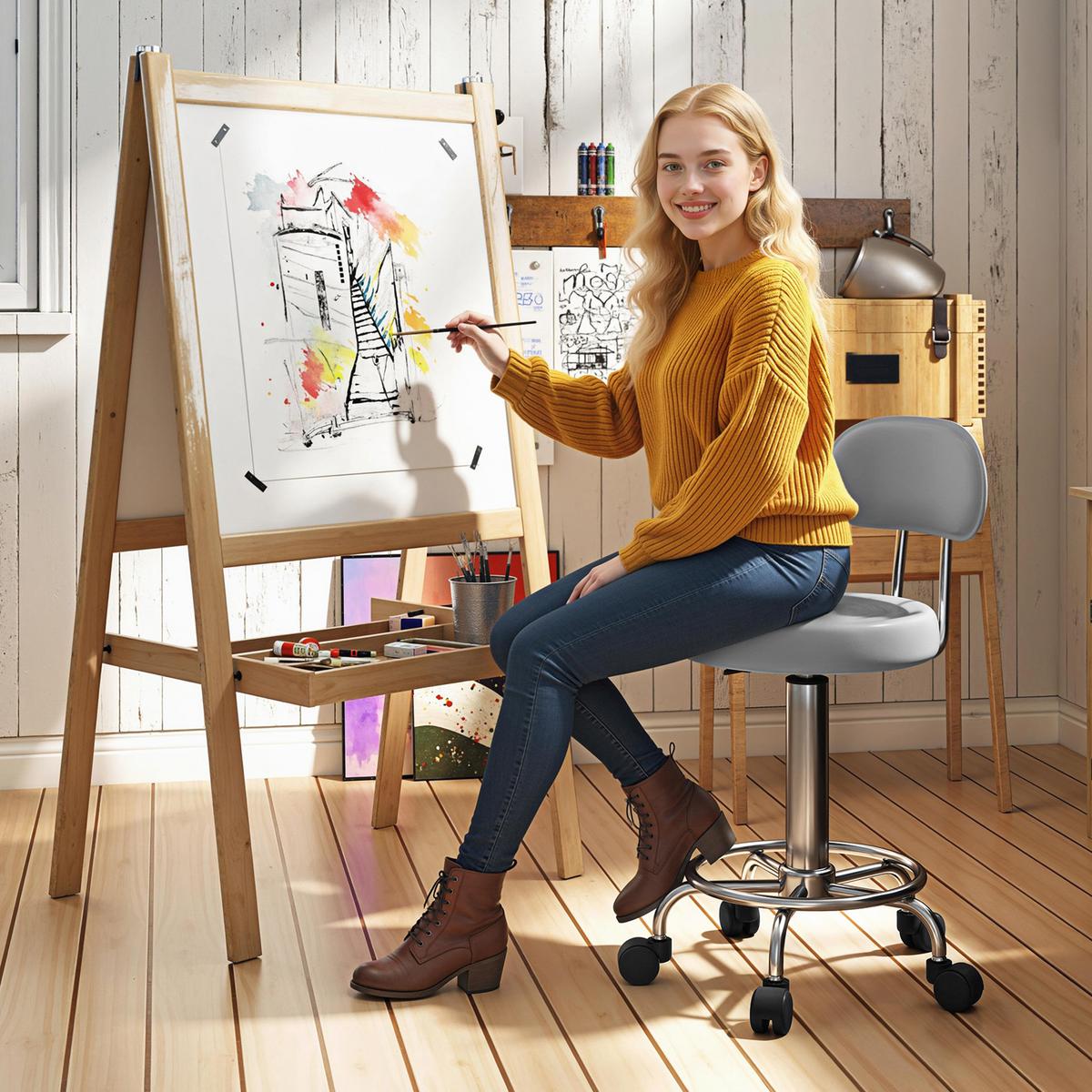 ROLLHOCKER höhenverstellbar Drehhocker Drehbar Salon Hocker mit Lehne, Rädern - Silberfarben/Grau, Kunststoff/Textil (32/86/40cm) - HOMCOM