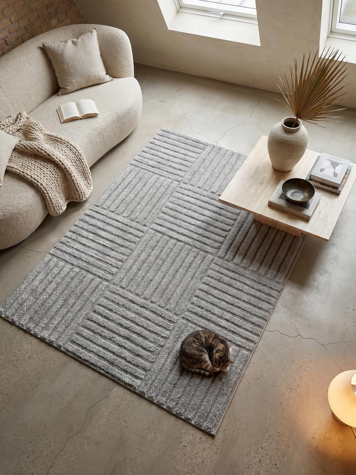 TEPPICH Hochflor RIGI in Silber, mit Cord-Streifen-Patchwork, 80 x 150 cm - Silberfarben, Textil (150/80cm) - KADIMA DESIGN