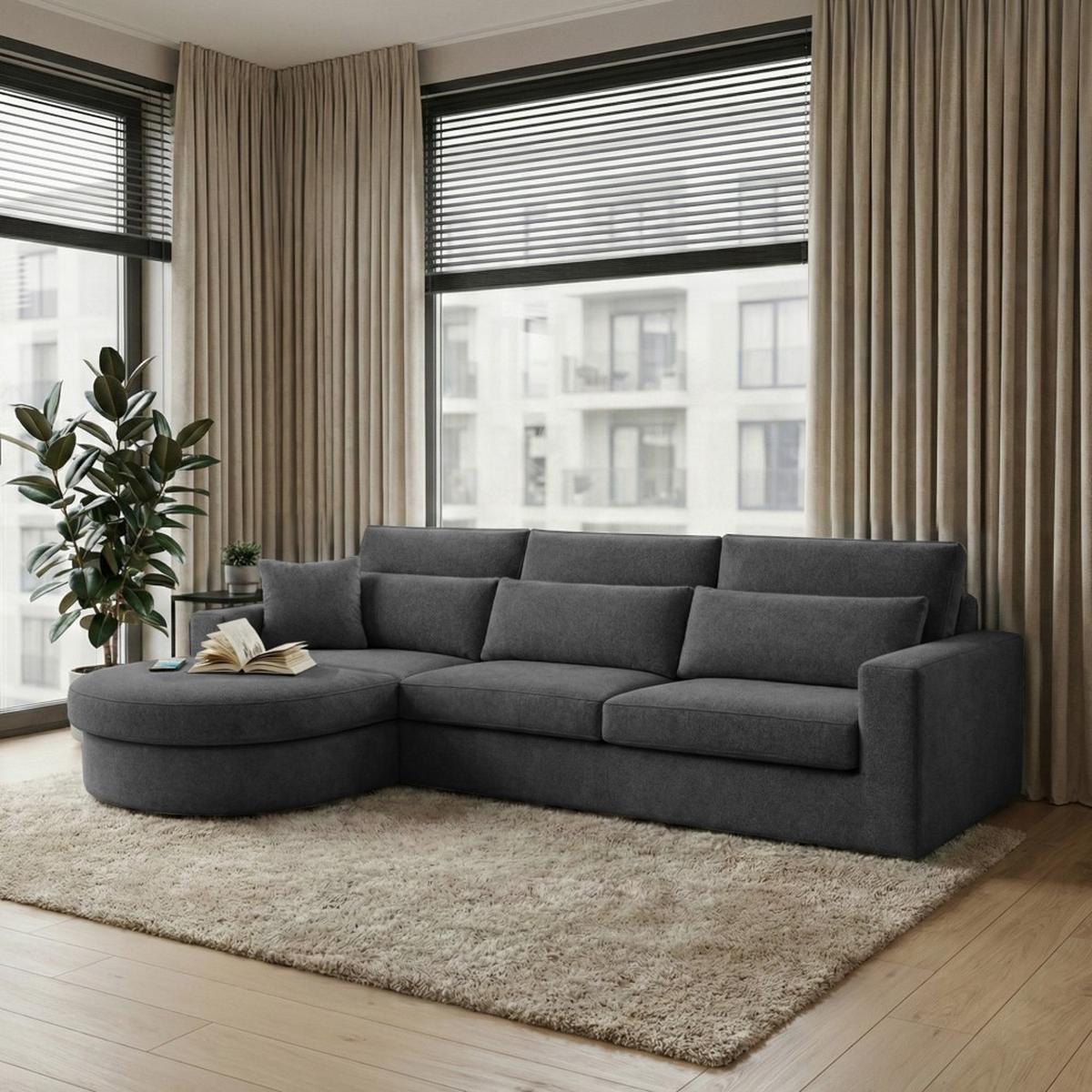 ECKSOFA Pablo ohne Schlaffunktion, mit abgerundeter Ottomane, links, Dunkelgrau, Velourstoff - Dunkelgrau, Textil (319/196cm) - Beautysofa