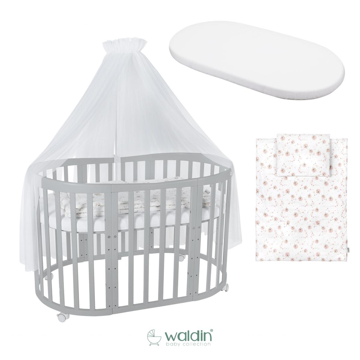 BABYBETT GREY OVAL 7in1 mit Matratze und Himmelset - Weiß/Braun, Holz/Textil (73/125cm) - waldin