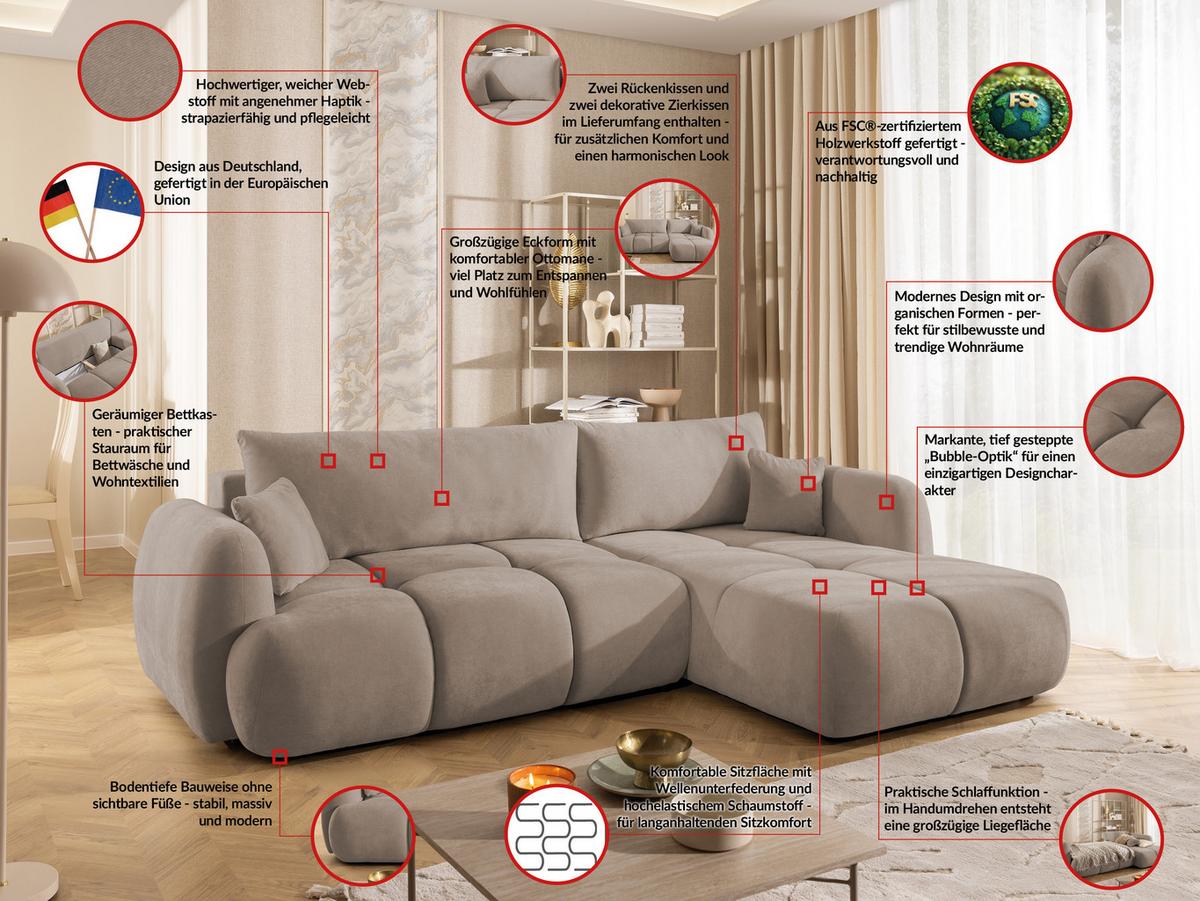 ECKSOFA Loretto aus natürlichem Greige Webstoff mit Schlaffunktion, Bettkasten und tiefen Steppungen in Bubble-Optik - Greige/Schwarz, Holz/Kunststoff (275/180cm) - S-Style