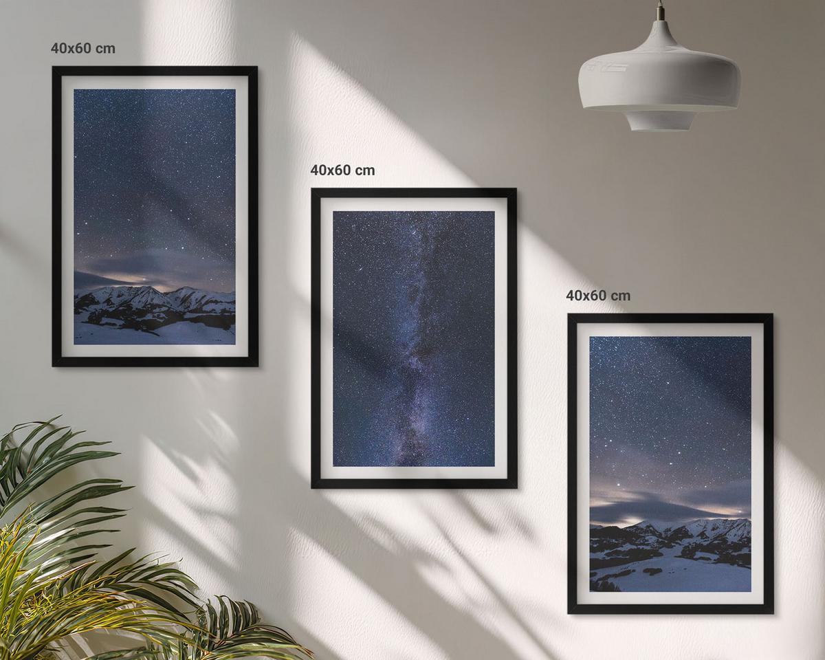 BILDER SET 3er Set - 40x60 cm Schwarzer Rahmen - Nachthimmel, Berge, Sterne - Schwarz, Kunststoff (40/60cm) - TULUP