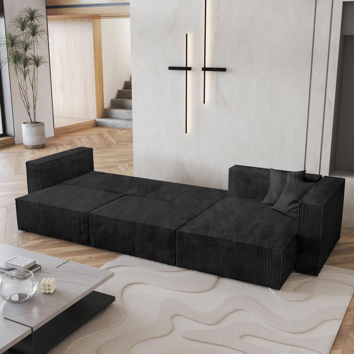 ECKSOFA TOLMO P Schwarz Kordstoff mit Schlaffunktion - Schwarz/Grau, Holz/Kunststoff (347/148cm) - MASSENO