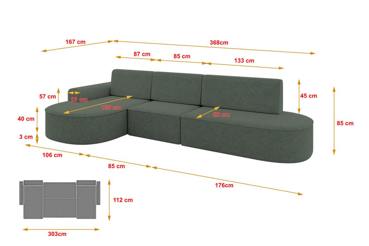 ECKSOFA mit Schlaffunktion Ottomane Links MARI L2-S 368X167X85 Grün Velours - Schwarz/Hellgrün, Holzwerkstoff/Kunststoff (368/167cm) - ALTDECOR