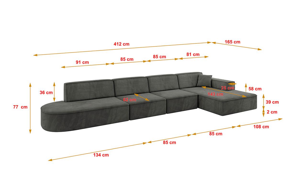 ECKSOFA Ottomane Rechts IREA-L3-v4 - 412x165x77 cm Ecru - Anthrazit/Titanfarben, Holzwerkstoff/Textil (412/165cm) - ALTDECOR