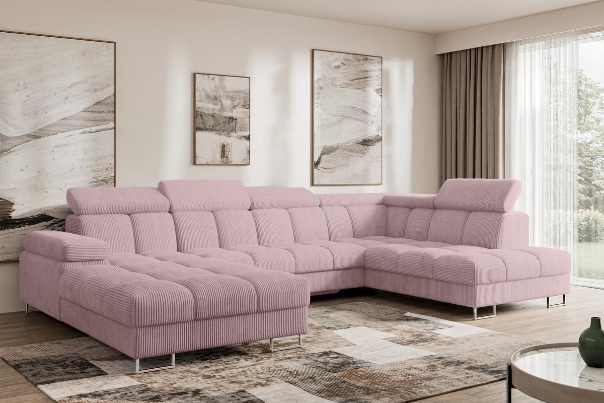 WOHNLANDSCHAFT mit Schlaffunktion und Bettkasten Ottomane RECHTS COMA U 345x203x79 Rosa Cord - Rosa, Holzwerkstoff/Textil (203/79/345cm) - ALTDECOR