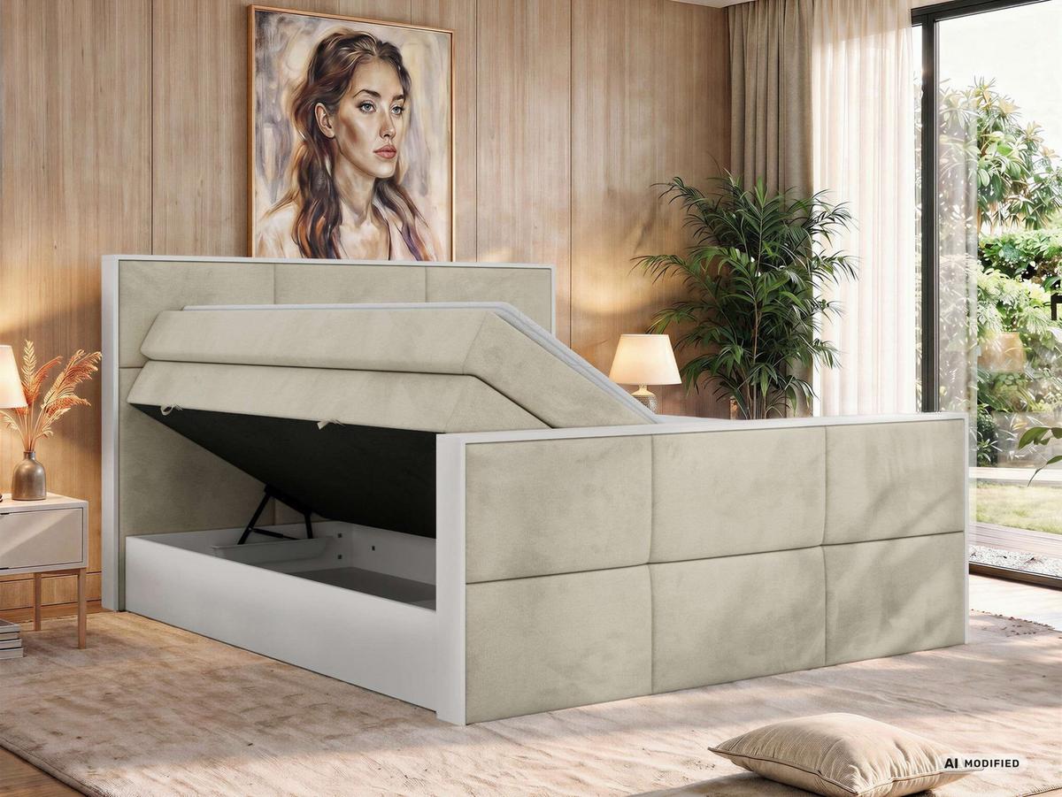 BOXSPRINGBETT DELVIT KING DUO 140/200 - Beige Velvet - Topper Visco - H4 - Beige/Schwarz, Kunststoff/Textil (140/200cm) - MKS