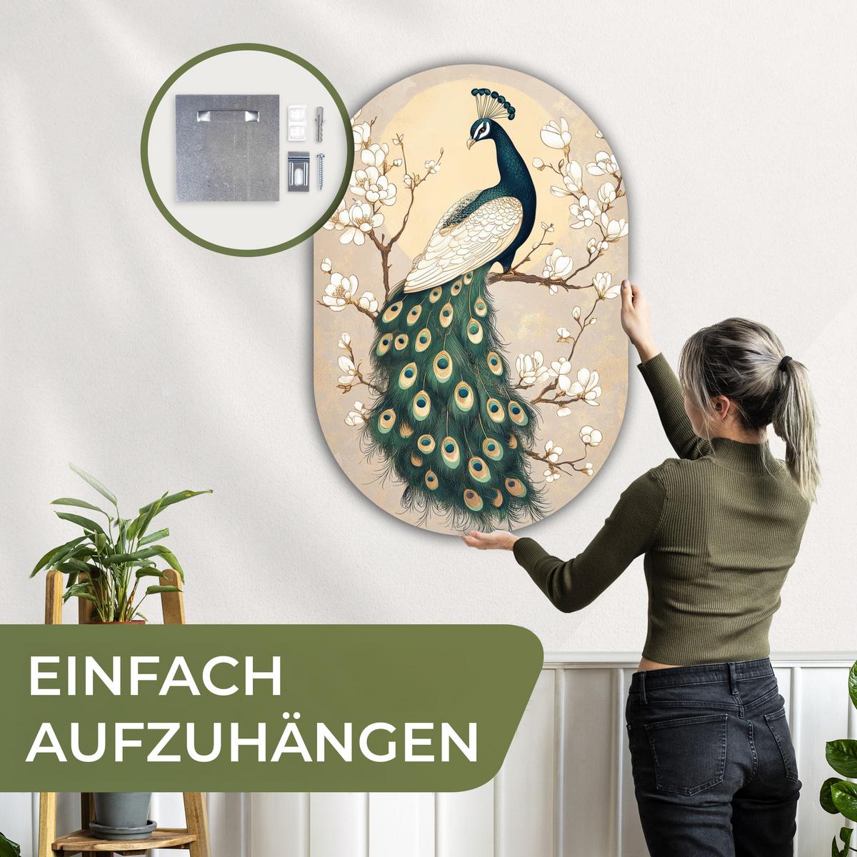 WANDBILD Pfau - Zweig - Blumen Deko Groß 80x120 cm - Champagner, Kunststoff (80/120cm) - MuchoWow