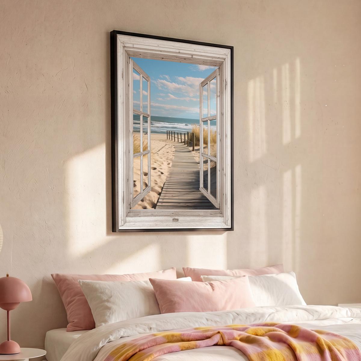 LEINWAND Bilder mit Rahmen - Fenster - Meer - Küste - Natur - Ausblick - Strand - Wattenmeer - 80x120 - Beige, Textil (80/120cm) - MuchoWow