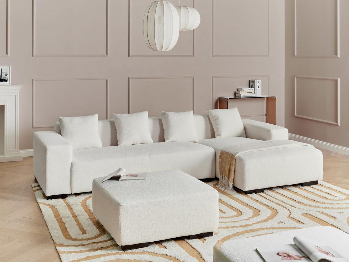 ECKSOFA 4-Sitzer Bouclé Weiß mit Ottomane linksseitig Lungo - Schwarz/Weiß, Textil (285/160cm) - Beliani