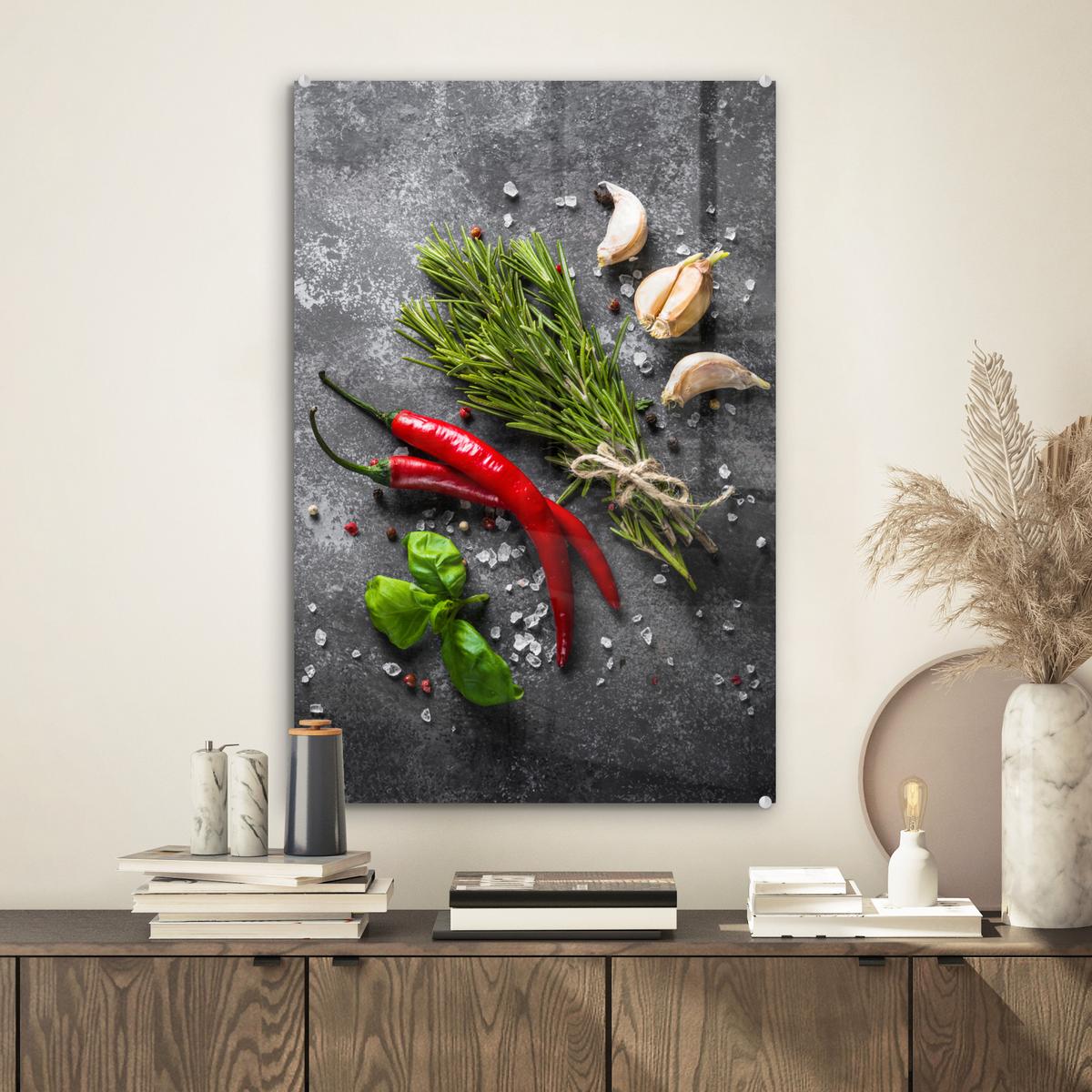 ACRYLGLASBILD Pfeffer - Kräuter - Gewürze - Beton Wanddeko Wohnzimmer 40x60 cm - Dunkelgrau, Glas (40/60cm) - MuchoWow