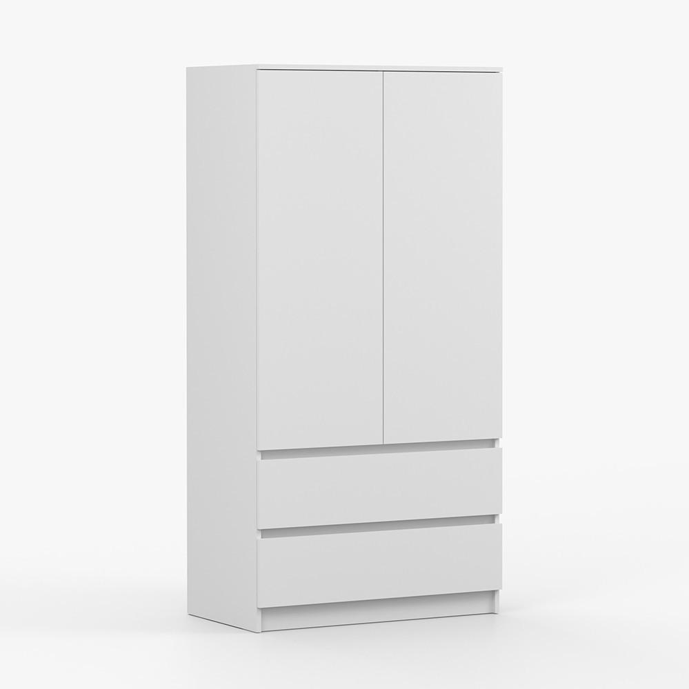 DREHTÜRENSCHRANK SOLO 2D2S, Schlafzimmer, Kleiderschrank Schrank 90 cm Weiß/Weiß, 2-türig, zwei Schubladen, grifflos - Weiß, Holzwerkstoff (90/180/50cm) - imoebel24