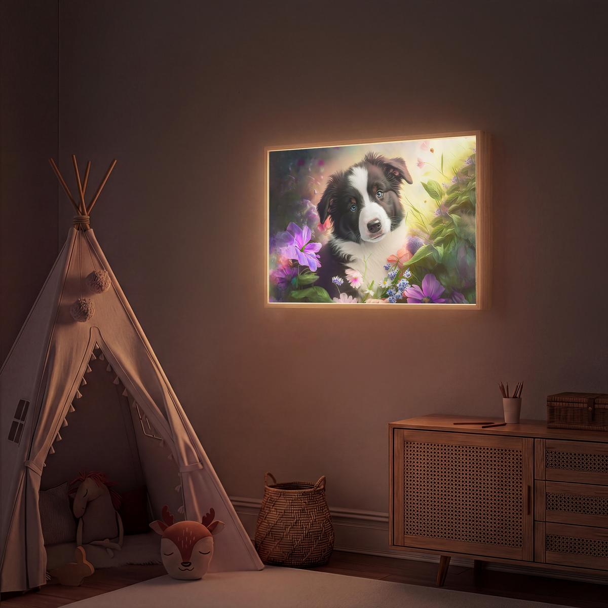 NACHTTISCHLAMPE MIT AKKU Welpe - Sonne - Blumen - Natur - Border Collie - Hund 90x60 cm - Violett, Holzwerkstoff (8/90/60cm) - OnlyWow