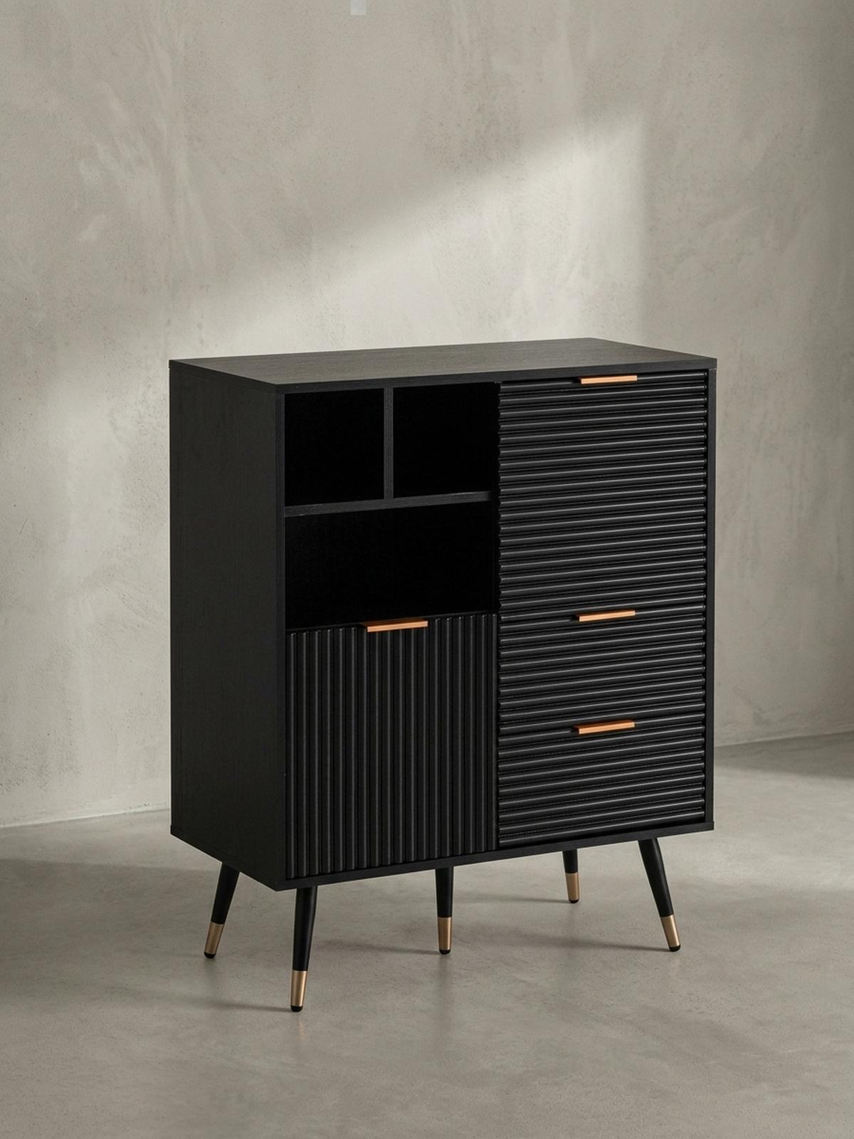 SIDEBOARD – Schwarz/Eiche-Dekor, 77x97x40 cm, mit Türen, Schubladen, Regal, Metallbeine - Goldfarben/Schwarz, Holzwerkstoff/Metall (77/97/40cm) - KADIMA DESIGN