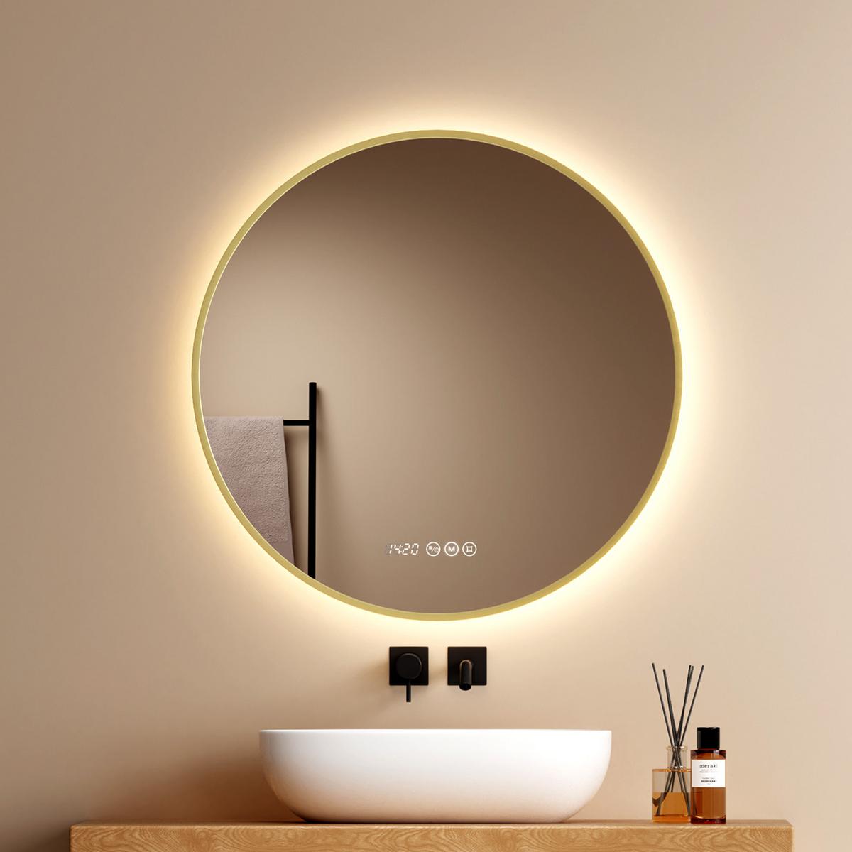 BADSPIEGEL mit LED-Beleuchtung, Anti-Beschlag-Funktion und Uhrzeitanzeige Goldfarben Ø 70 cm - Goldfarben, Glas (70/70/3.3cm) - EMKE
