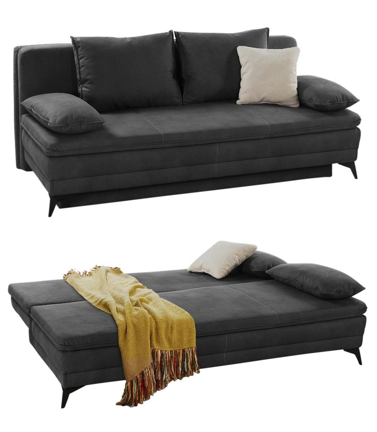 DAUER-SCHLAFSOFA Wellenunterfederung integr.Topper Bettkasten B202/T105/H90 cm, Liegefläche 158x199 cm, Mikrofaser Anthrazit / 15159 - Anthrazit/Schwarz, Textil/Metall (202/90/105cm) - luma-home