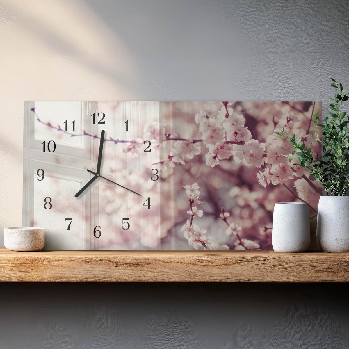 WANDUHR aus Glas 60x30 cm - Kirschblüten - Pink, Glas (60/30/0.4cm) - TULUP