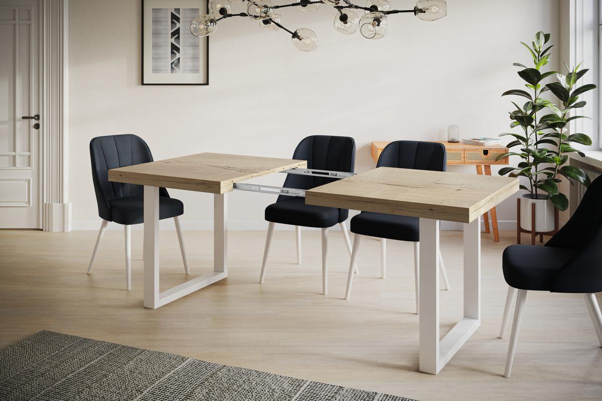 INDUSTRIELLER Esszimmertisch LOFT-U, ausziehbarer Tisch, Größe: 180-280X90X77 cm, Wohnzimmertisch Farbe: HALIFAX, mit Metallbeinen in Farbe Weiß - Naturfarben/Weiß, Holzwerkstoff (180/90/77cm) - Alpi-Möbel
