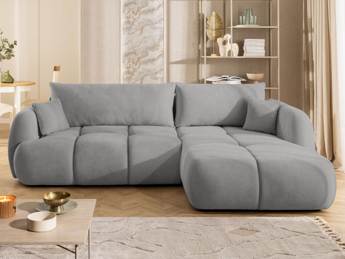 ECKSOFA Loretto aus natürlichem Grau Webstoff mit Schlaffunktion, Bettkasten und tiefen Steppungen in Bubble-Optik - Schwarz/Grau, Holz/Kunststoff (275/180cm) - S-Style