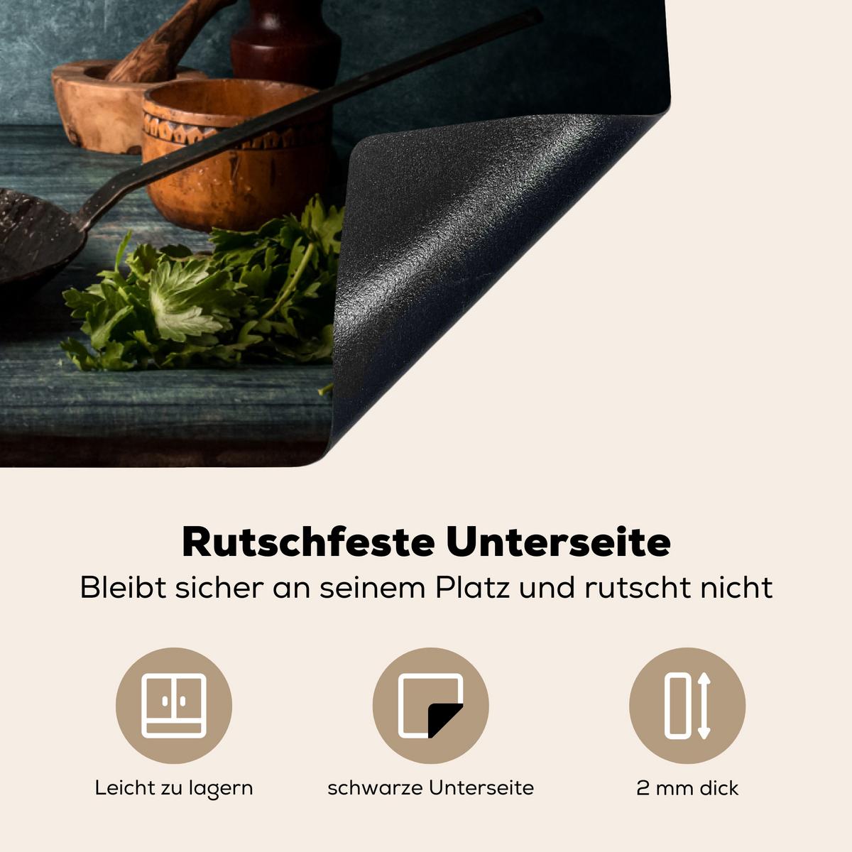 HERDABDECKPLATTE Kräuter - Gewürze - Pfanne - Messer - Grau - Rustikal Ceranfeldabdeckung 85x52 cm - Petrol, Kunststoff (85/52/0.2cm) - MuchoWow
