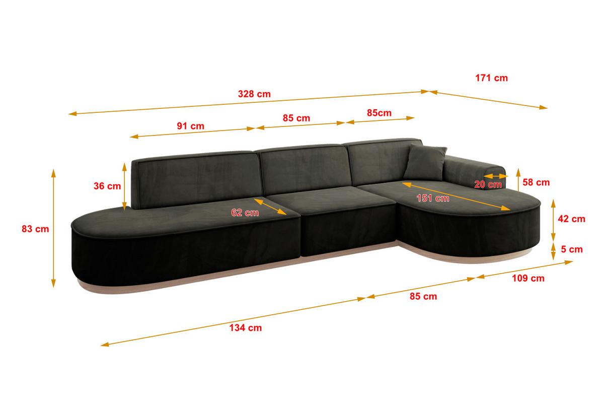 ECKSOFA Ottomane Rechts MARI-L2-v1 - 328x171x83 cm Schwarz Velours - Schwarz, Holzwerkstoff/Textil (171/328cm) - ALTDECOR