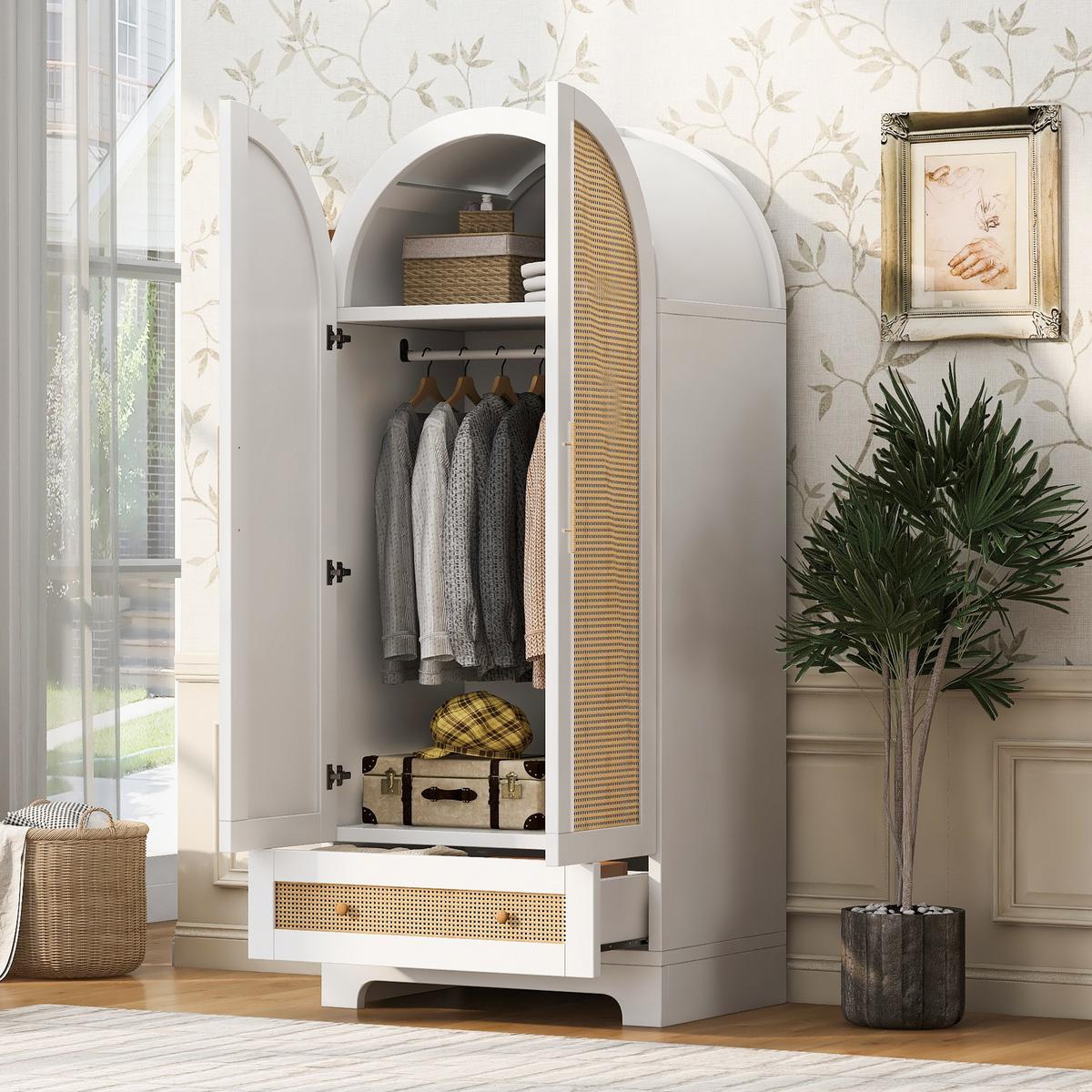 KLEIDERSCHRANK Doppeltüren Kunstrattan Weiß mit Schubladen - Weiß, Holzwerkstoff (70/170/55cm) - Urban Meuble