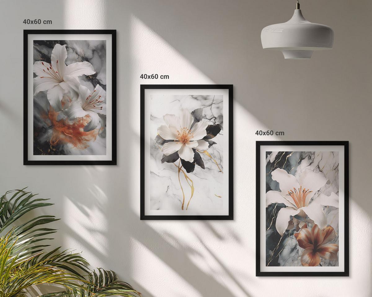BILDER SET 3er Set - 40x60 cm Schwarzer Rahmen - Blumen Marmor weiß schwarz - Schwarz, Kunststoff (40/60cm) - TULUP