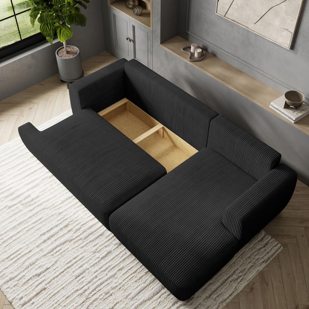 ECKSOFA SENTI P R-S Schwarz Kordstoff mit Schlaffunktion - Schwarz, Holz/Kunststoff (246/148cm) - MASSENO