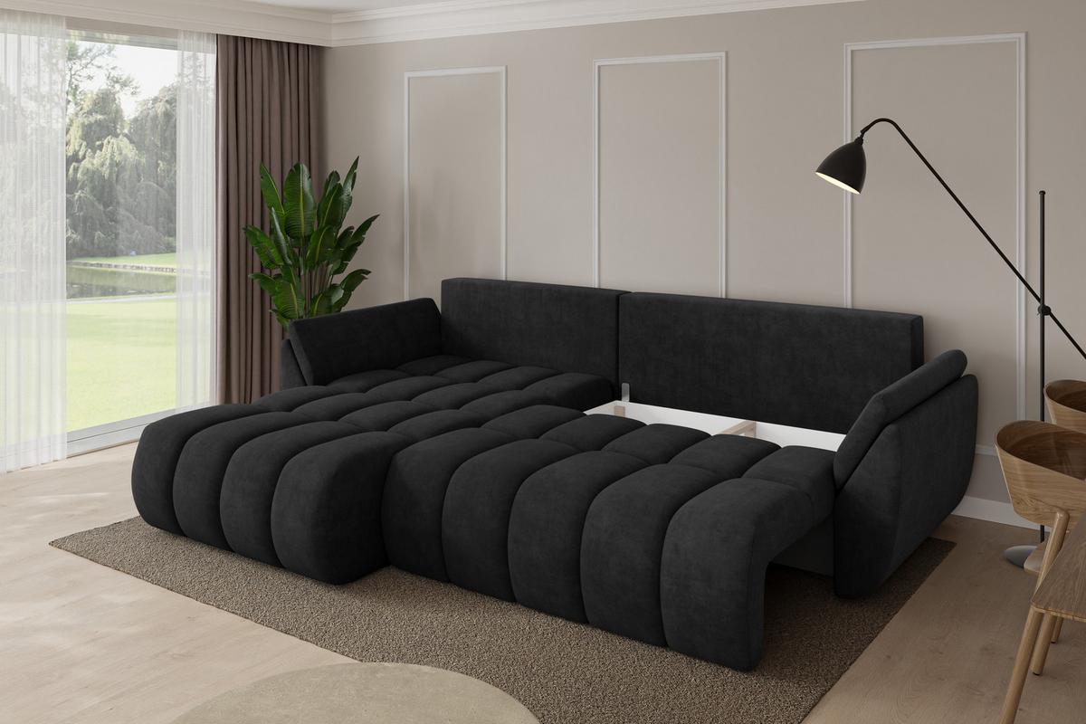 ECKSOFA mit Schlaffunktion Ottomane Links TOKO-L-v1 277x194x86 Schwarz Velours - Schwarz, Holzwerkstoff/Kunststoff (277/194cm) - ALTDECOR