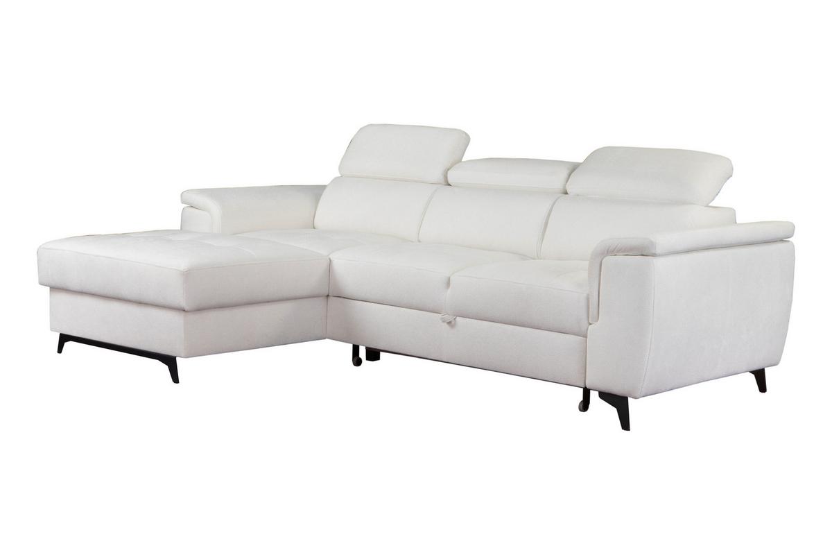ECKSOFA VOLA Weiß Velours-Stoff mit Schlaffunktion - Weiß, Holz (270/175cm) - MASSENO