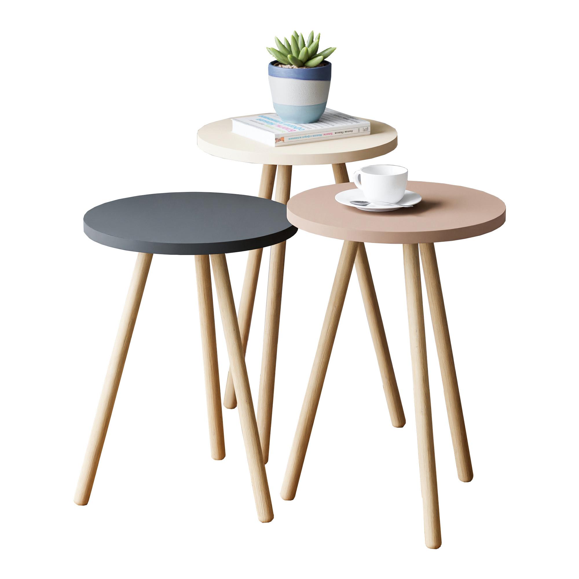 BEISTELLTISCH-SET 3 TLG. Hjørring - Rosa/Weiß, Holzwerkstoff/Buchenholz (34/34/49cm) - [en.casa]