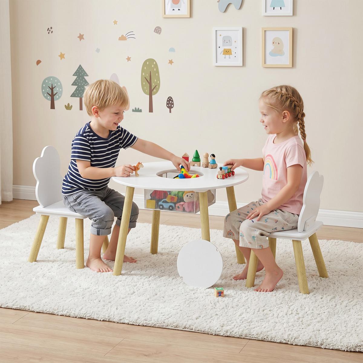 KINDERTISCH-UND-STUHLSET MDF Kiefernholz Weiß - Weiß/Kieferfarben, Holz (60/44/60cm) - AIYAPLAY